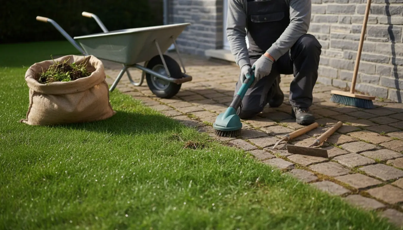 Person uden synligt ansigt fjerner ukrudt mellem fliser med en batteridrevet stålbørste, med hakke, spade, kost og stor sæk til haveaffald ved siden af.