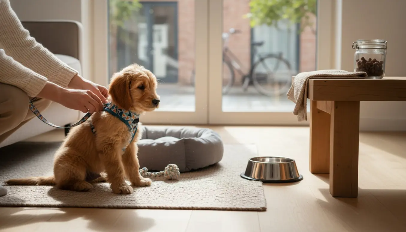 En lille hvalp får sele på i en lys, hyggelig stue klar til pasning og gåtur.