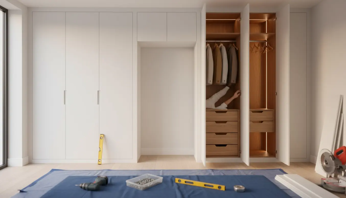 Indbygget garderobeskab med åbne låger og overskab over dørkarmen i et lyst værelse.