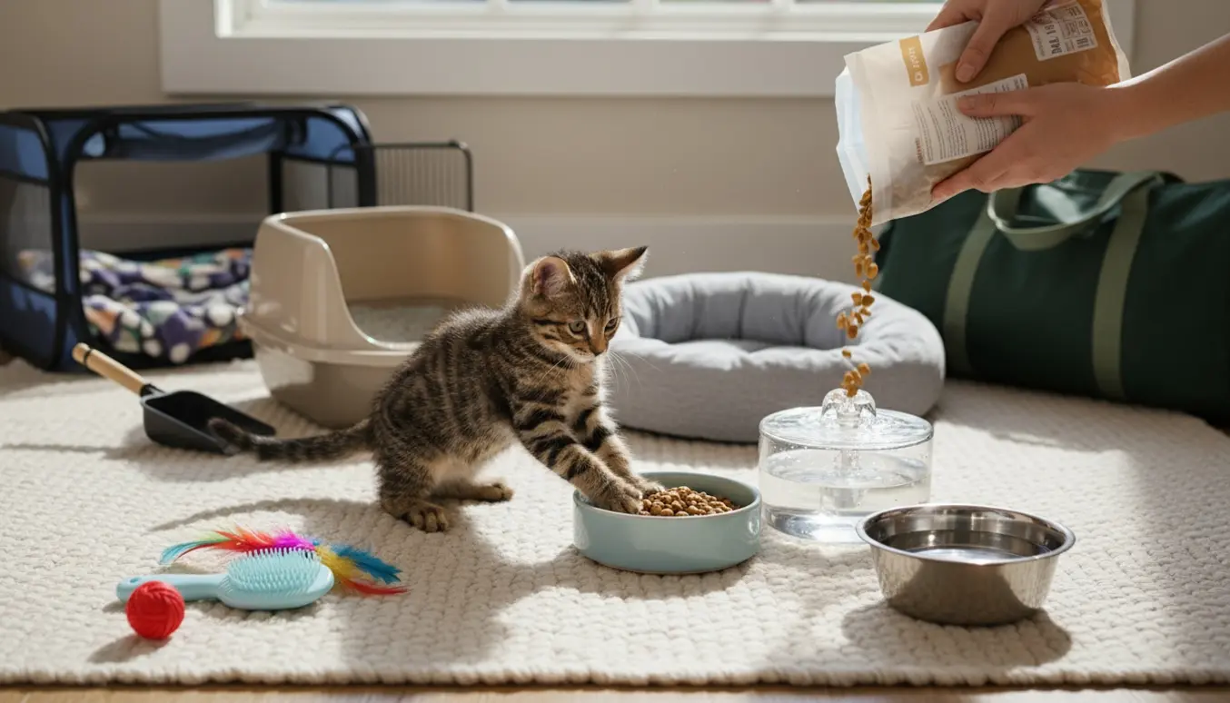 En hankilling bliver passet hjemme med madskål, legetøj og hjælperens hænder, ingen ansigter synlige.