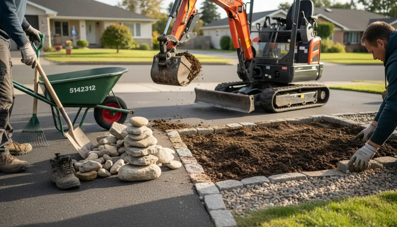 Lille gravemaskine fjerner jord fra et stenbed i en indkørsel, sten stablet klar til genbrug som kant.