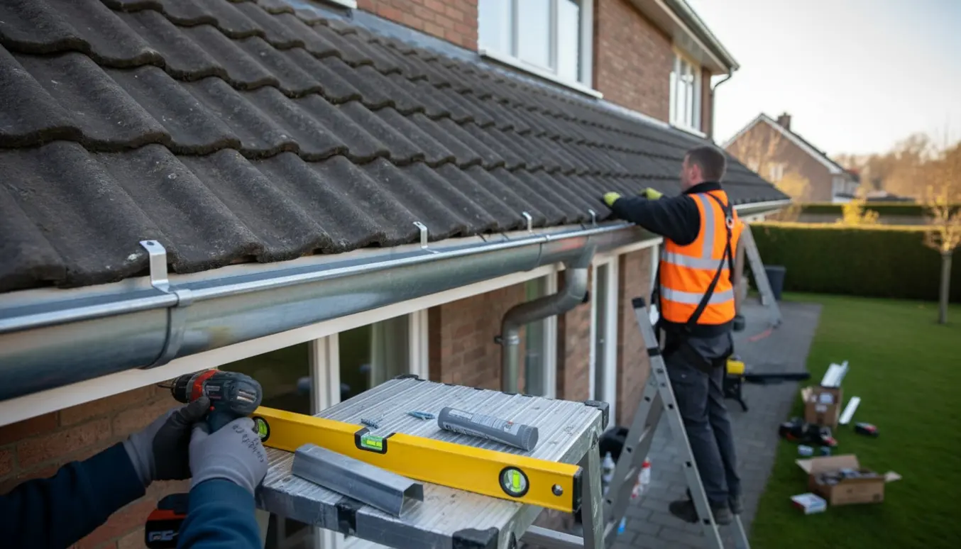 Håndværker monterer nye zinktagrender på et dobbelthus fra en stige.