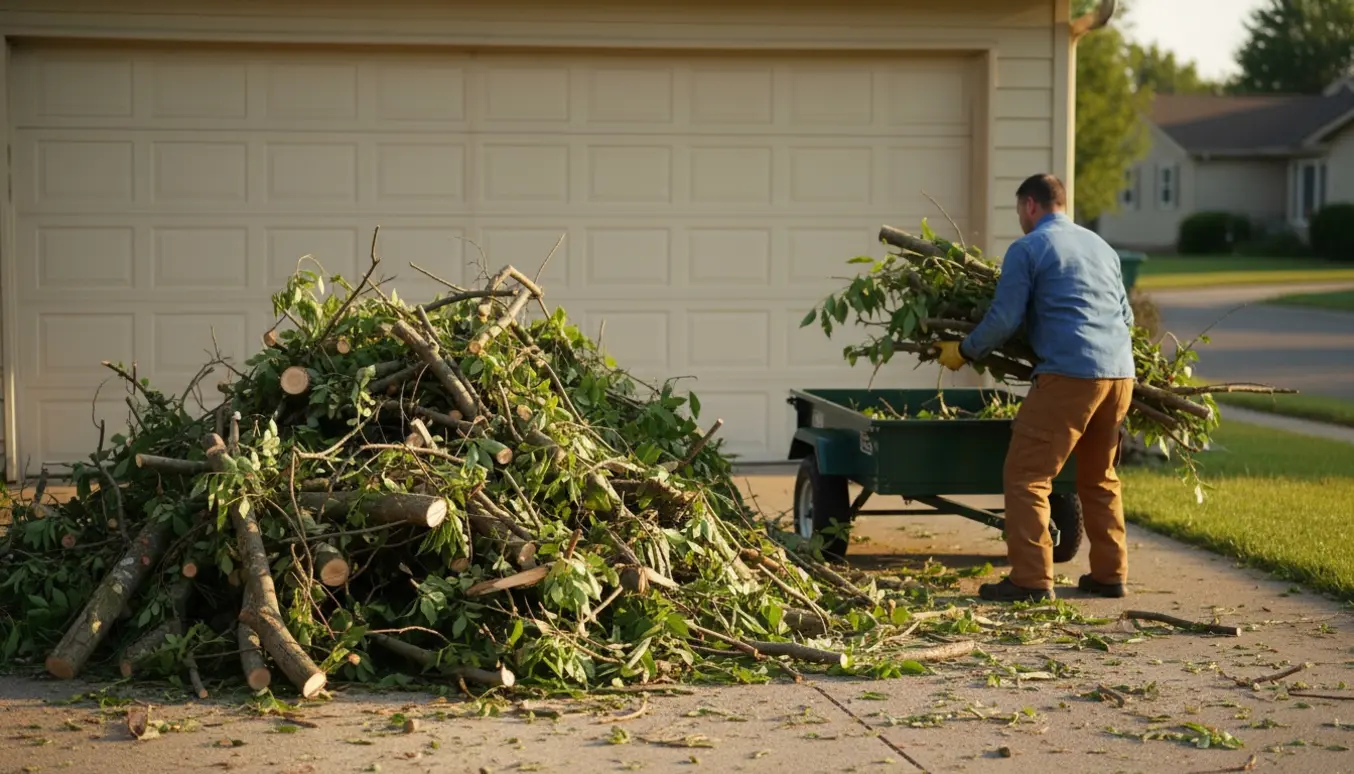 Bunke af afskårne grene på indkørsel foran garage klar til afhentning.