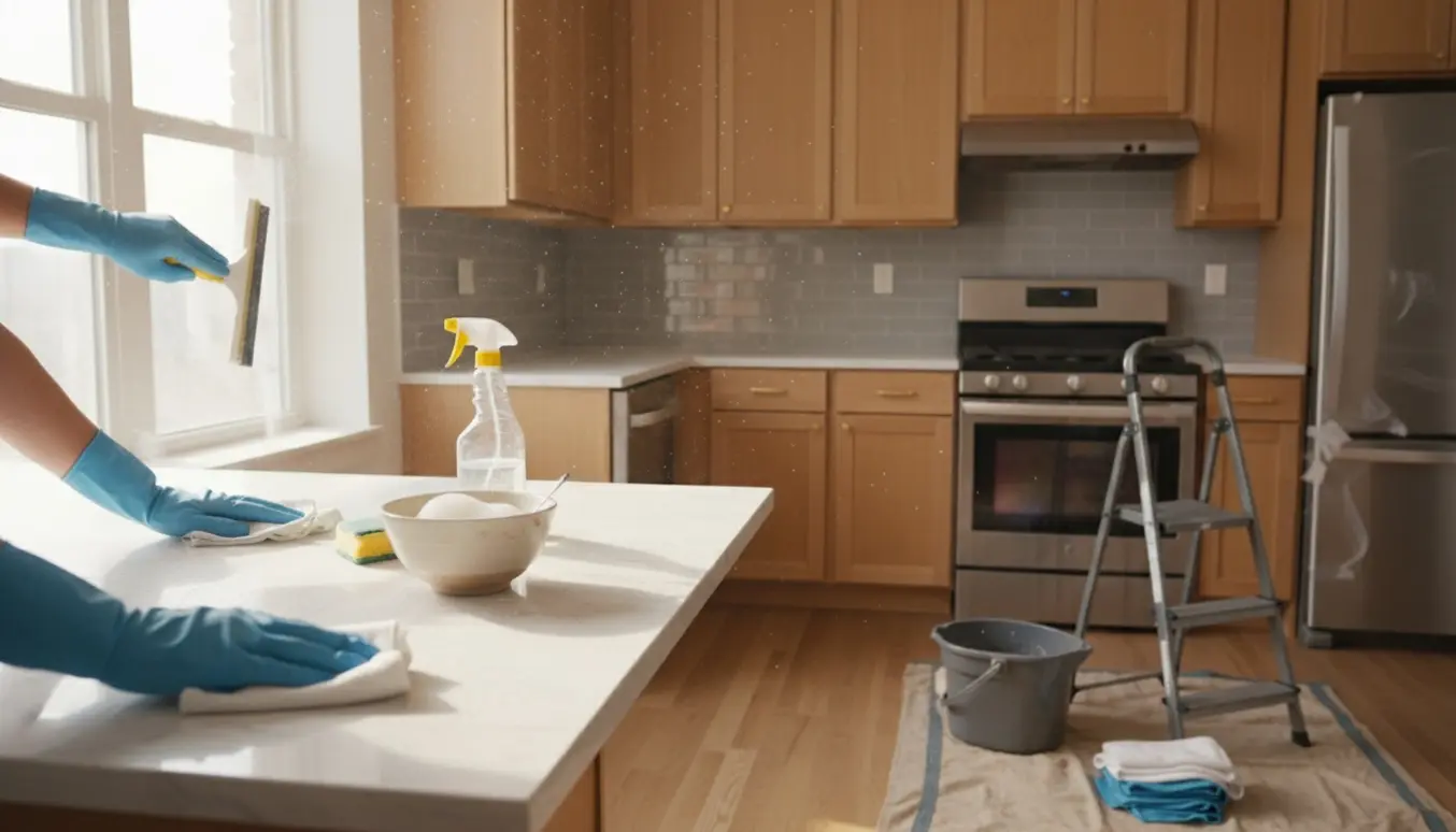 Hænder i gummihandsker vasker et køkkenvindue i en nymalet lejlighed med støv og rengøringsudstyr synligt.