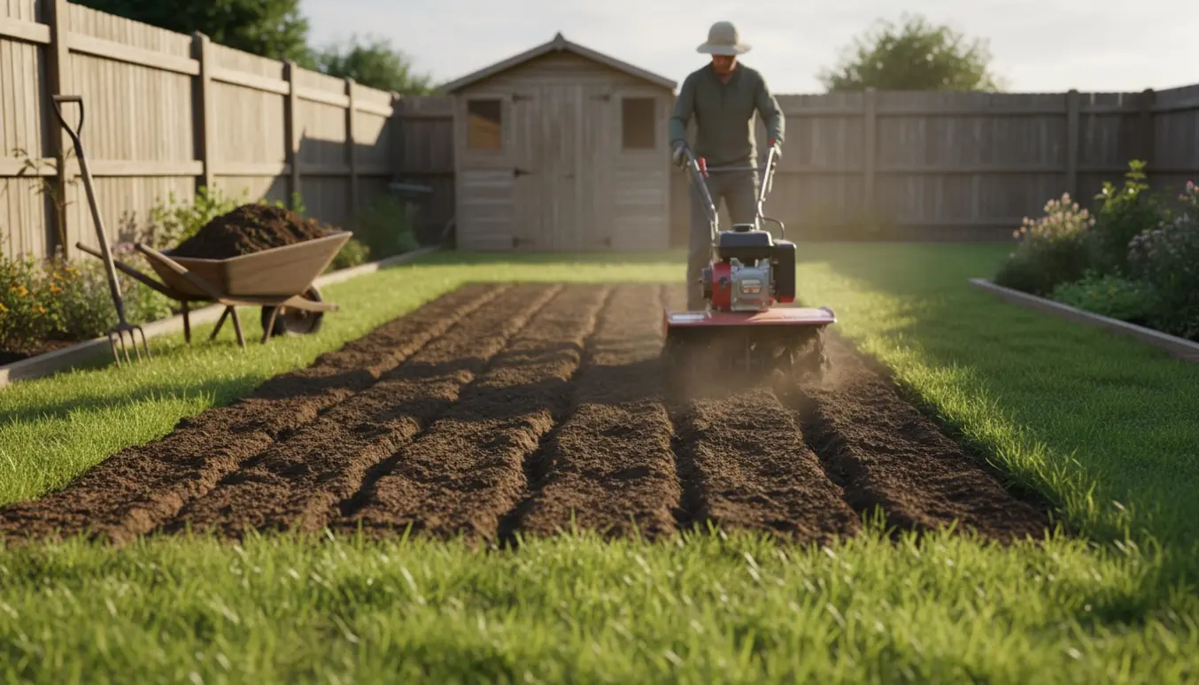 En person fræser en mellemstor baghave, hvor frisk mørk jord og haveredskaber ses i baggrunden.