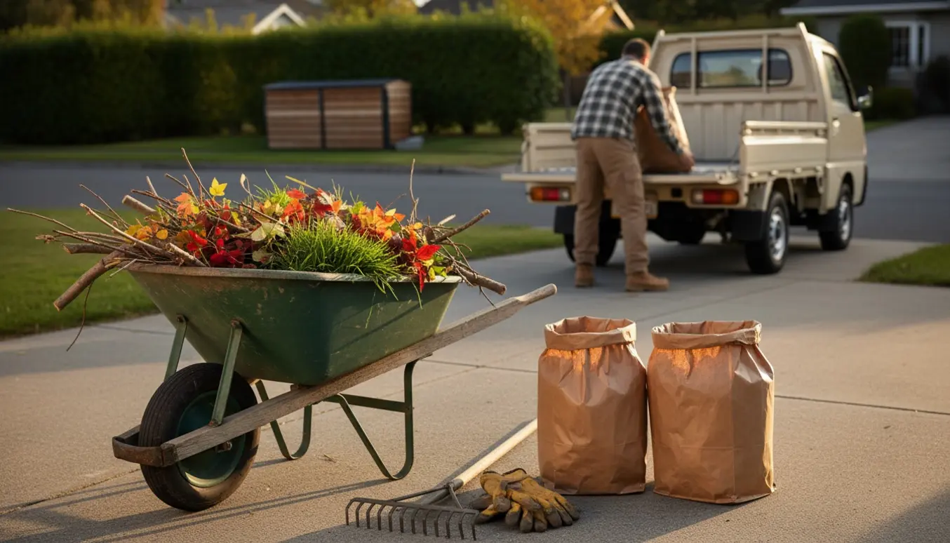 En trillebør fyldt med grene, græs og blade og bundne papirsække klar til afhentning ved indkørslen.