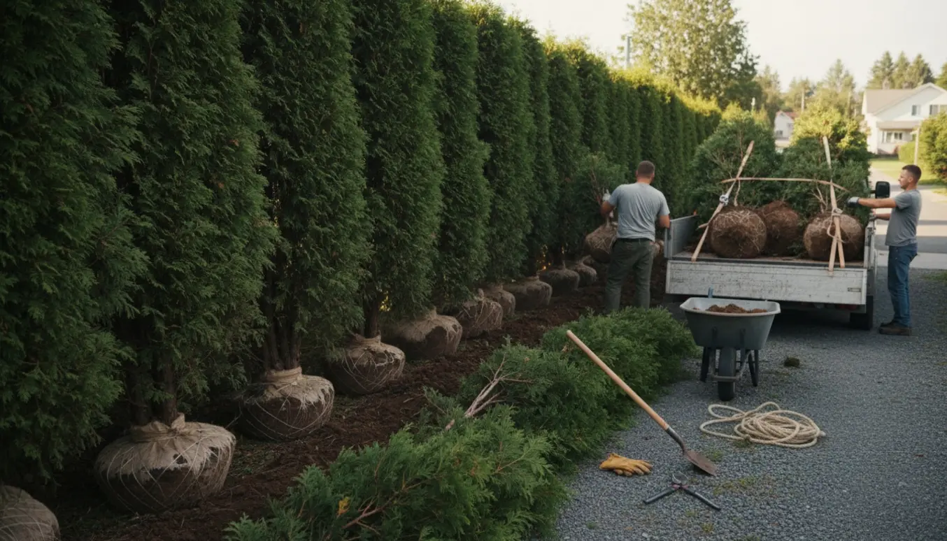 Thuja-hæk på omkring 20 meter læsses fra en indkørsel på en trailer, arbejdshænder og rodklumper i fokus.