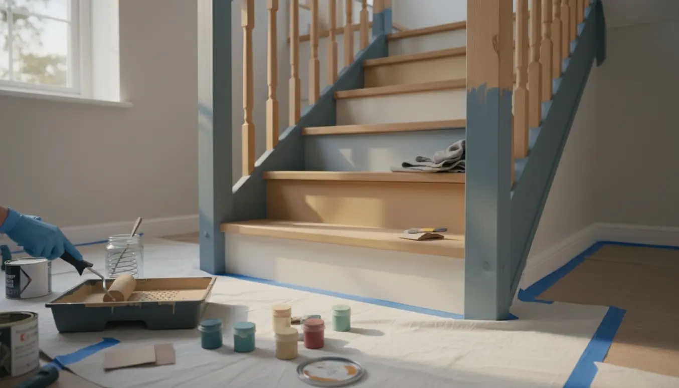 En privat trappe under maling med pensler, åbne malerbøtter og afdækningsdug i naturligt lys.