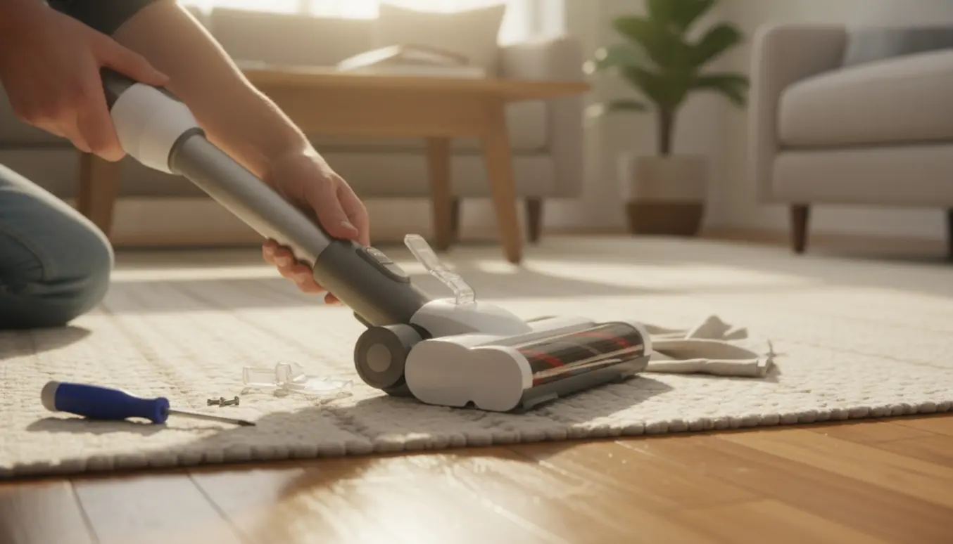 Nærbillede af hænder, der prøver at sætte et løst støvsugerhoved korrekt på i en solrig stue.