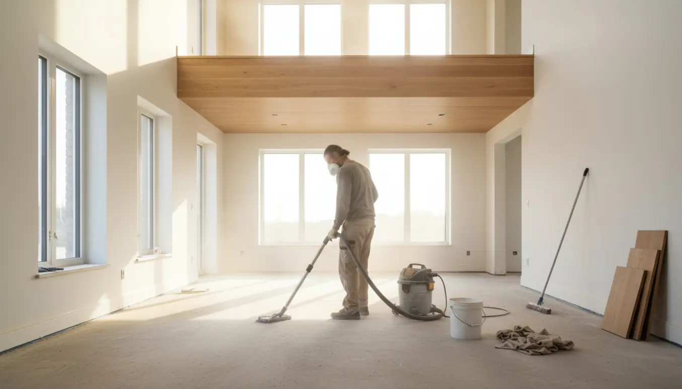 Stor to-etagers bolig med fint støv fra gulvslibning og en person, der gør rent med støvsuger og klud.
