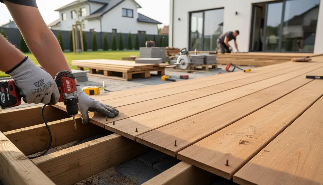 Delvist færdig træterrasse i baghave under opbygning med værktøj, materialer og håndværkeres hænder.