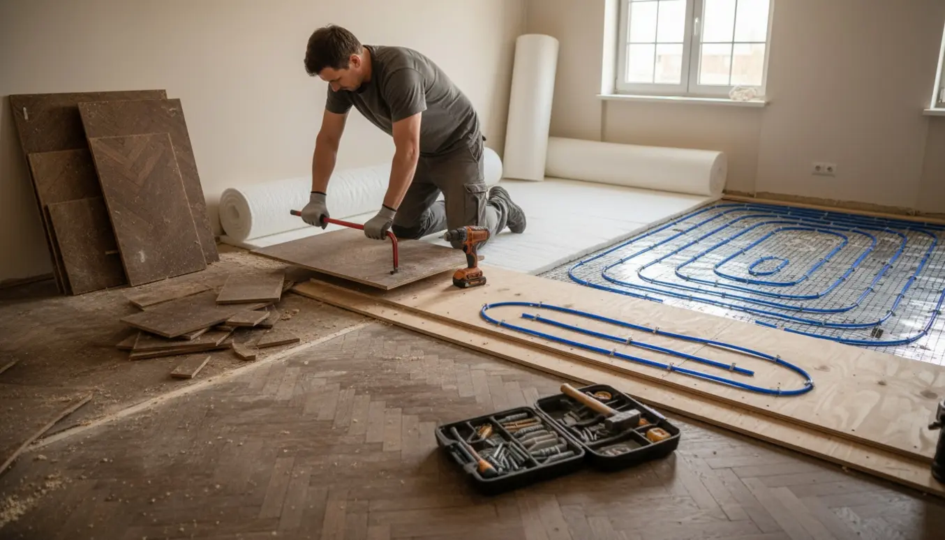 Håndværker lægger nyt isoleret undergulv og undergulvsvarmerør efter fjernelse af gammelt parket i et lyst rum.