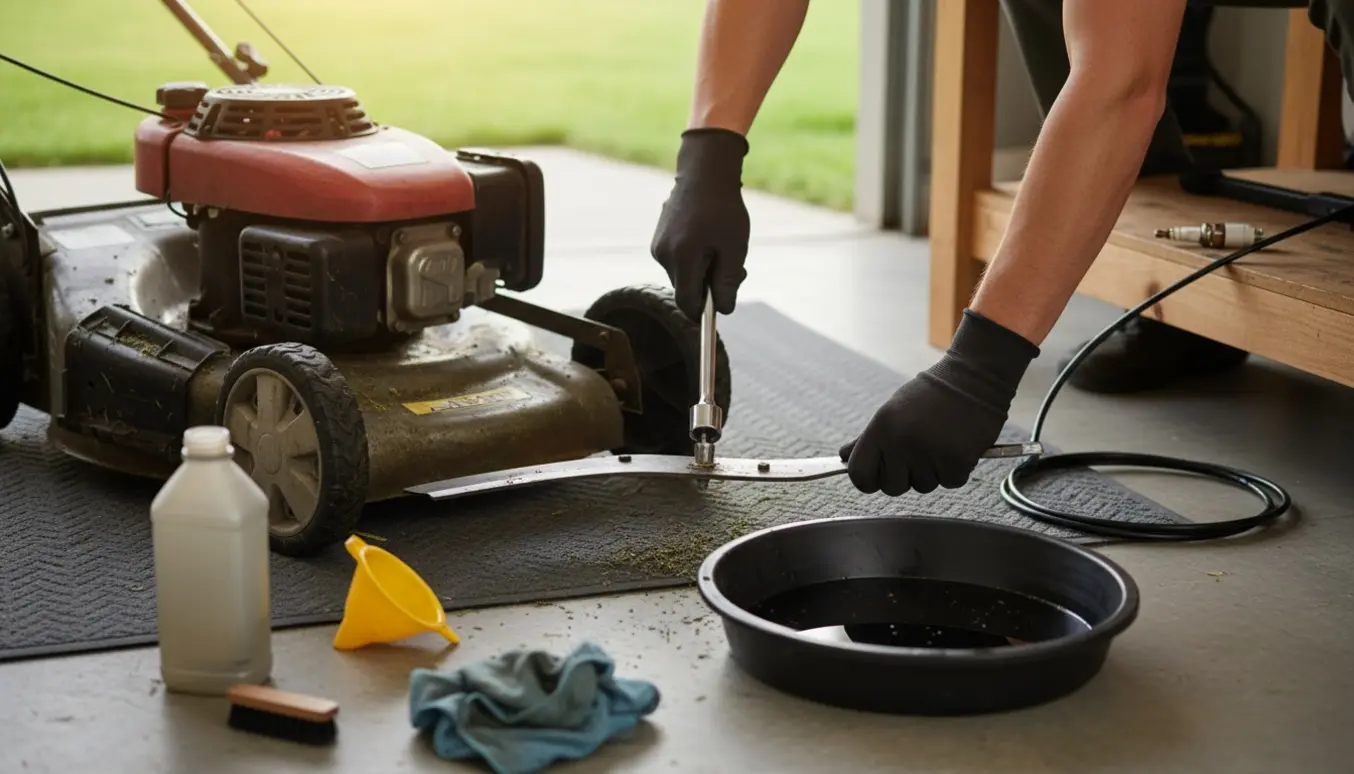 Nærbillede af hænder, der servicerer en plæneklipper ved at tjekke kniv, olie og tændingswire.