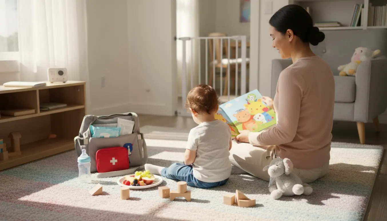 En ansvarlig, venlig babysitter læser en billedbog for et barn i en hyggelig og sikker stue.