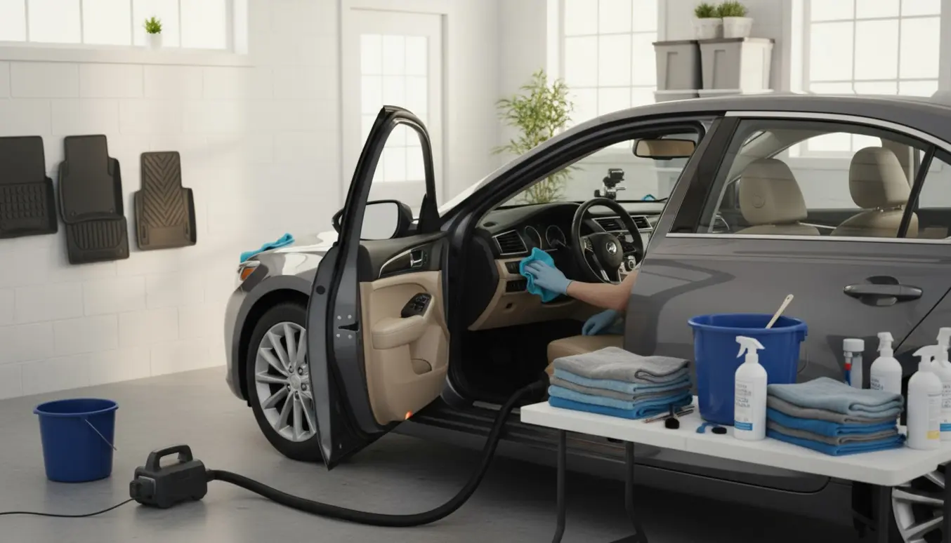 Åben bil hvor hænder rengør og polerer interiør og lak med detailing-udstyr klar ved siden af.