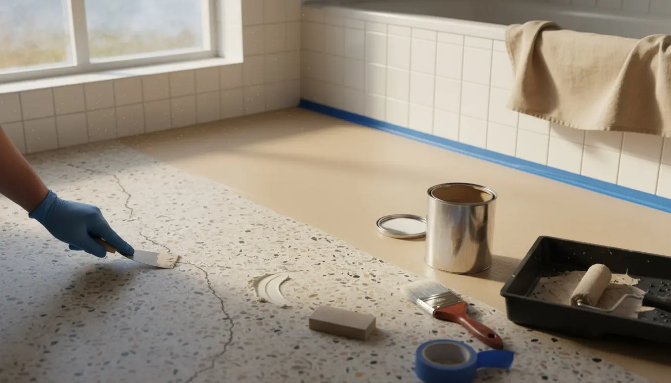 Nærbillede af et terazzogulv i et badeværelse, halvmalet med malerudstyr og spartel til revner.