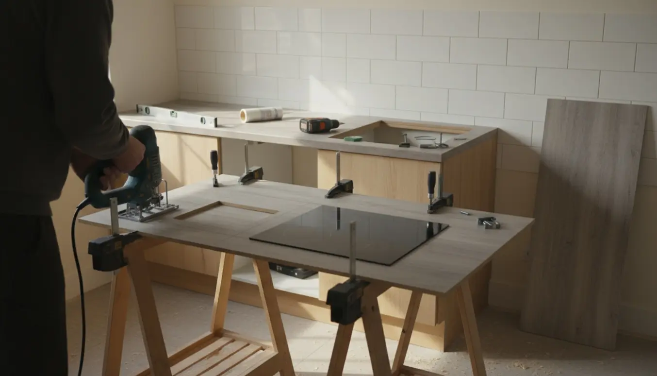 IKEA-køkken under montering med opklædte skabe og udskæring i bordplade til vask og induktionsplade.