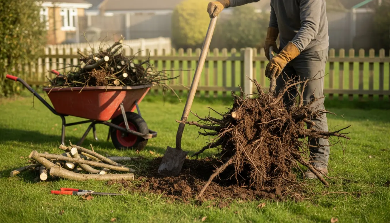 En gammel tjørnehæk graves op i en have med synligt rodnet, spade og trillebør.