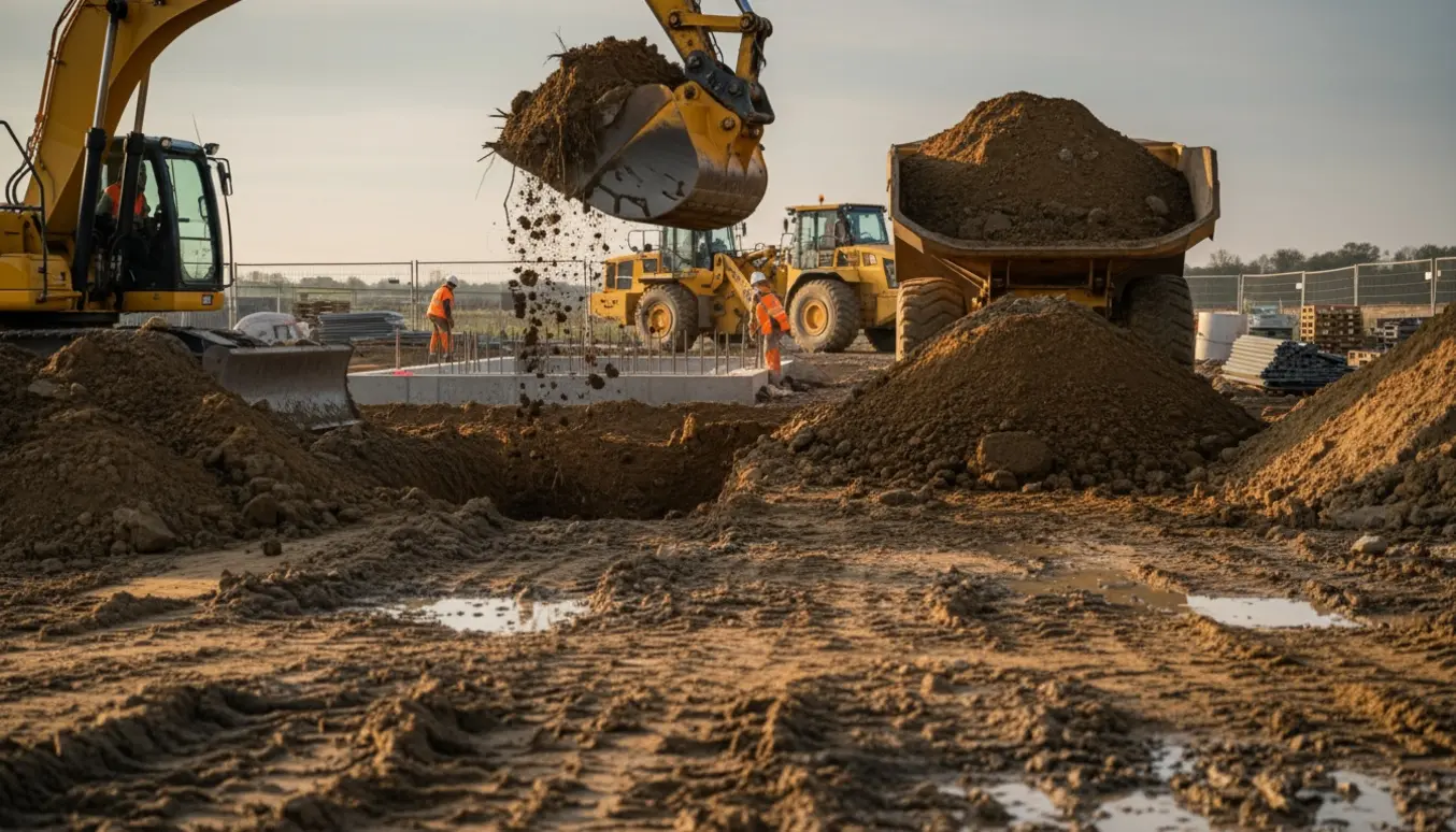 Gravemaskine læsser store mængder jord op i en tipvogn på en byggeplads klar til bortkørsel.