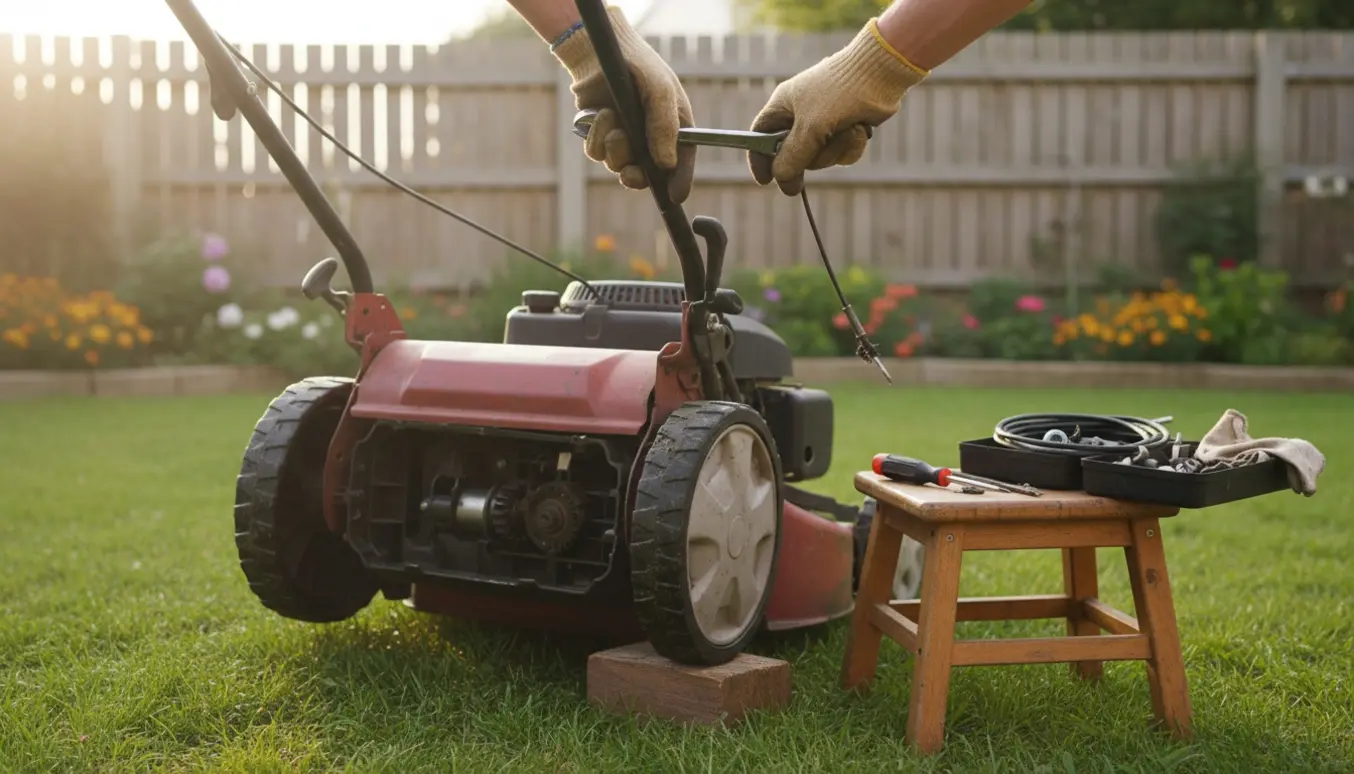 Nærbillede af en plæneklipper med løs selvkører-håndtag, hvor hænder justerer kablet.