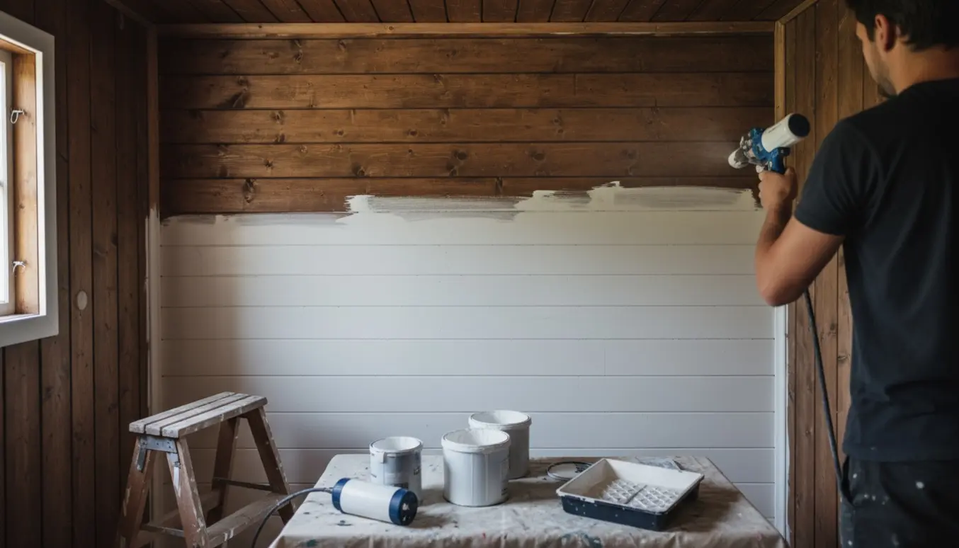 Indvendigt sommerhus med mørkt træpanel delvist malet hvidt, malerværktøj og stige i naturligt dagslys.