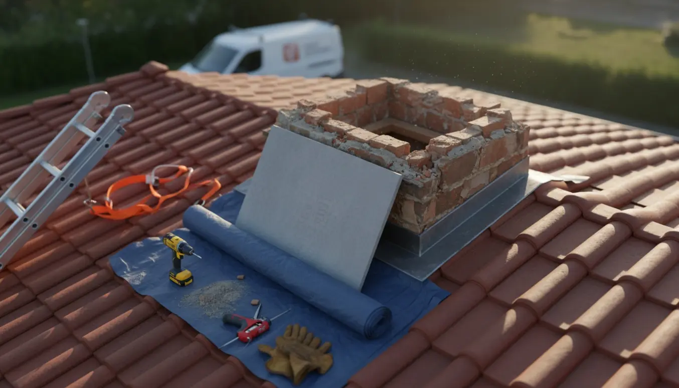 Tag med fjernet skorsten, værktøj og en grå eternitplade klar til montering.