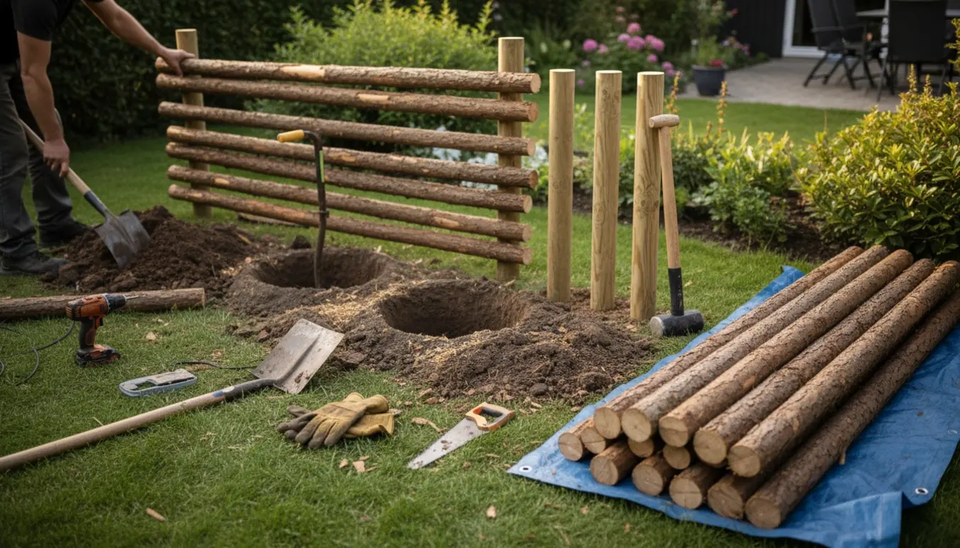 Udskiftning af et gammelt raftehegn i haven med nye stolper og stablede grantrafter.