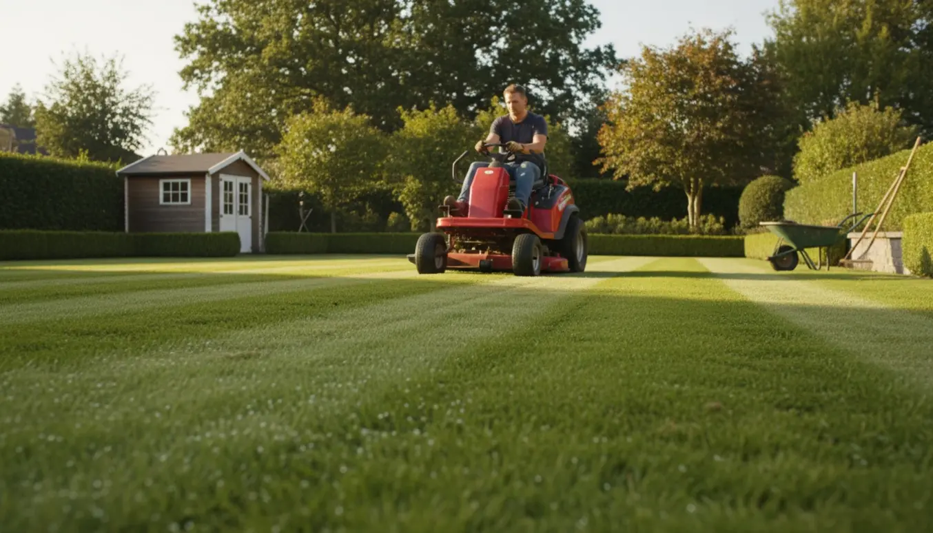 Rullende plæneklipper laver klare striber på en stor, velholdt græsplæne.