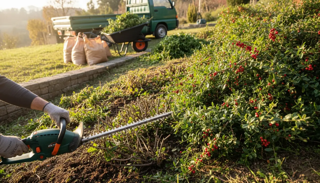 Beskæring af Cotoneaster på en solbeskinnet skråning med trimmer, bunker af afklip og trillebør klar til afhentning.