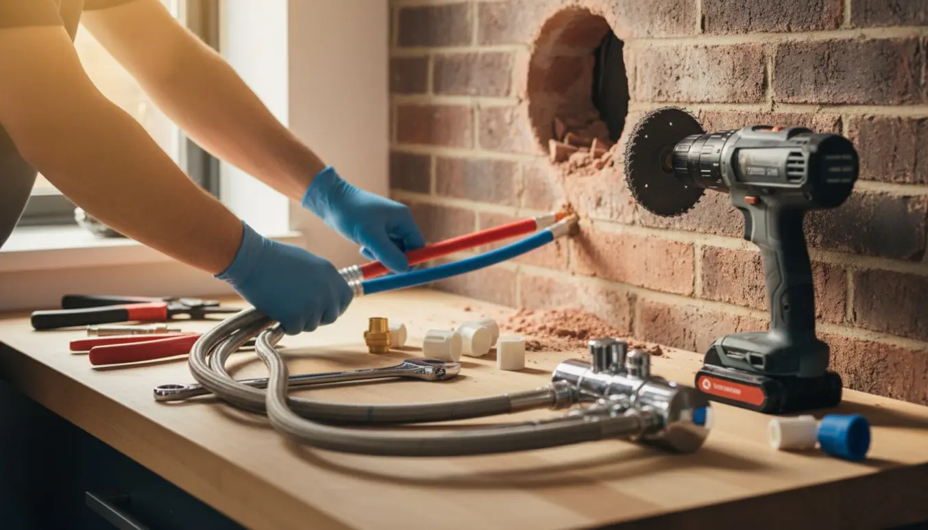 Hænder arbejder med plastikvandrør, fittings og hul i ydermur til emhætte i et køkken.