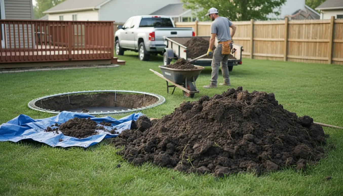 Jord fra udgravning af en nedgravet trampolin læsses i en trailer i en villahave.