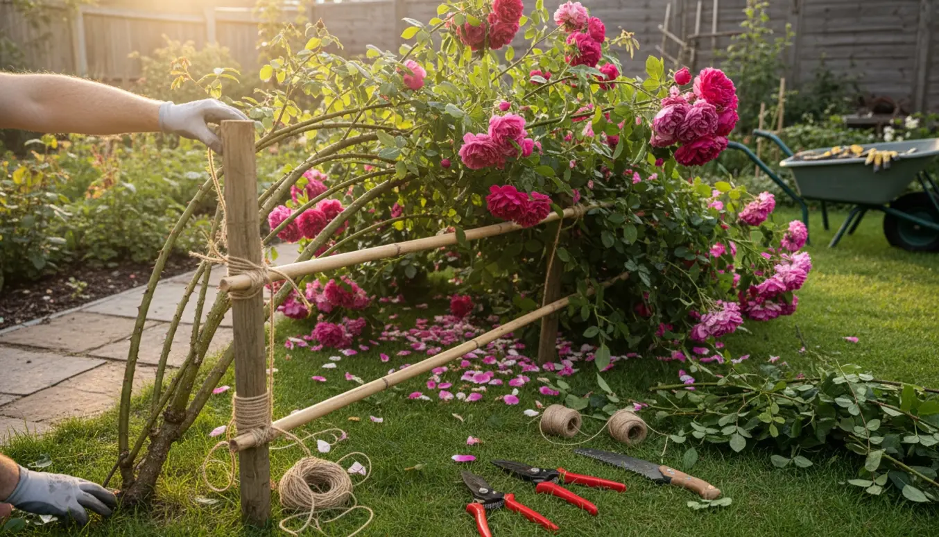 Hænder binder og beskærer en stor rosenbusk efter storm med beskæringssaks, snor og støttepæle i en solrig have.