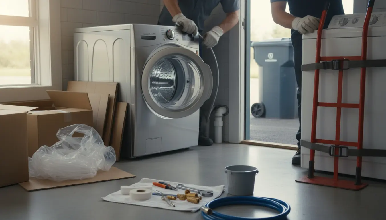 Hænder tilslutter en ny vaskemaskine, mens den gamle står på en dolly ved døren klar til afhentning.