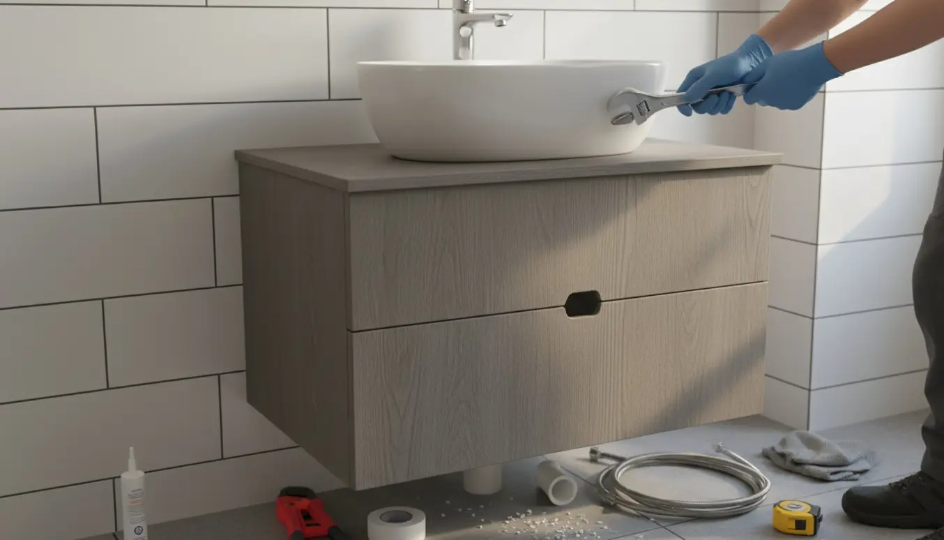 Glæde af et monteret vaskeskab, hvor en hånd spænder afløbsrøret under vasken i et flisebadeværelse.