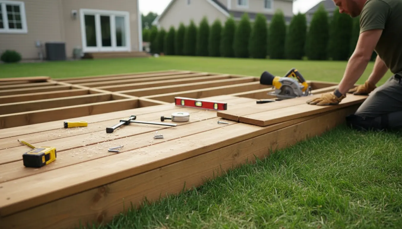 Halvfærdig træterrasse på græsplæne med værktøj og håndværkerhænder i fokus.