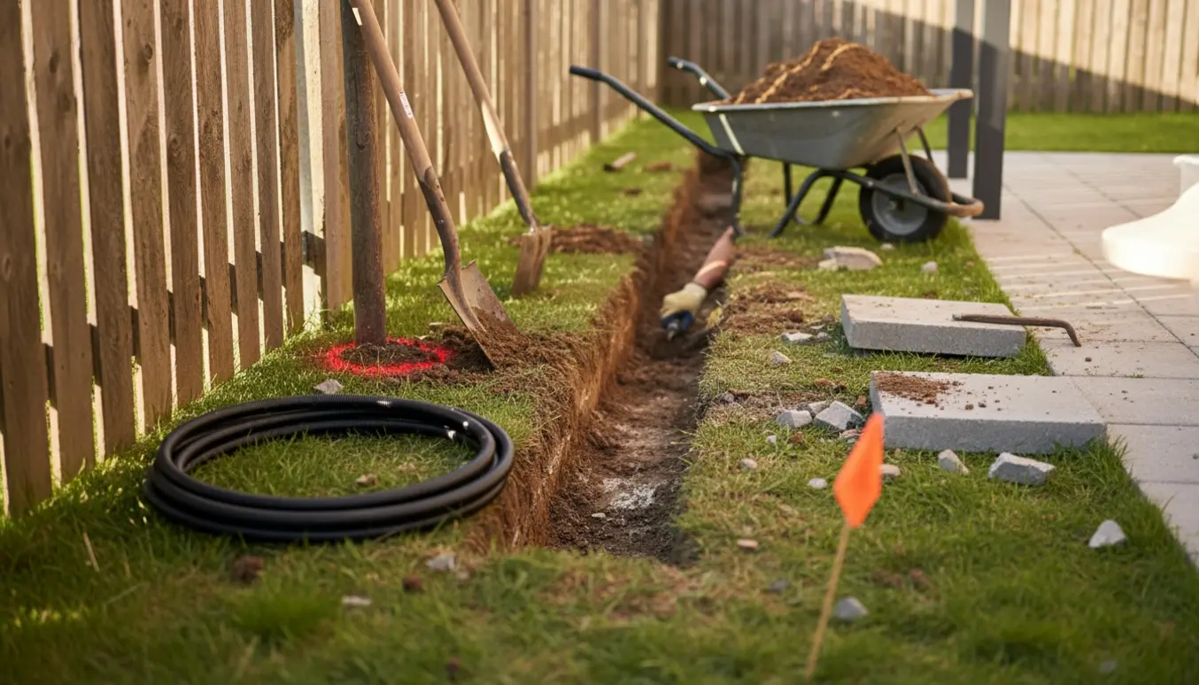 Gravning af en kabelrende langs et hegn med spade, trillebør, opgravede brosten og rødt markeringsmærke ved fiberkabel.