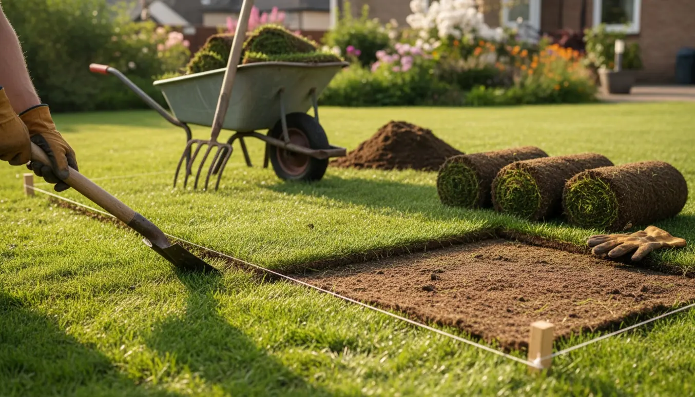 Afgrænset stykke græsplæne under udgravning med spade, rullede græstørv og skovl uden synlige ansigter.
