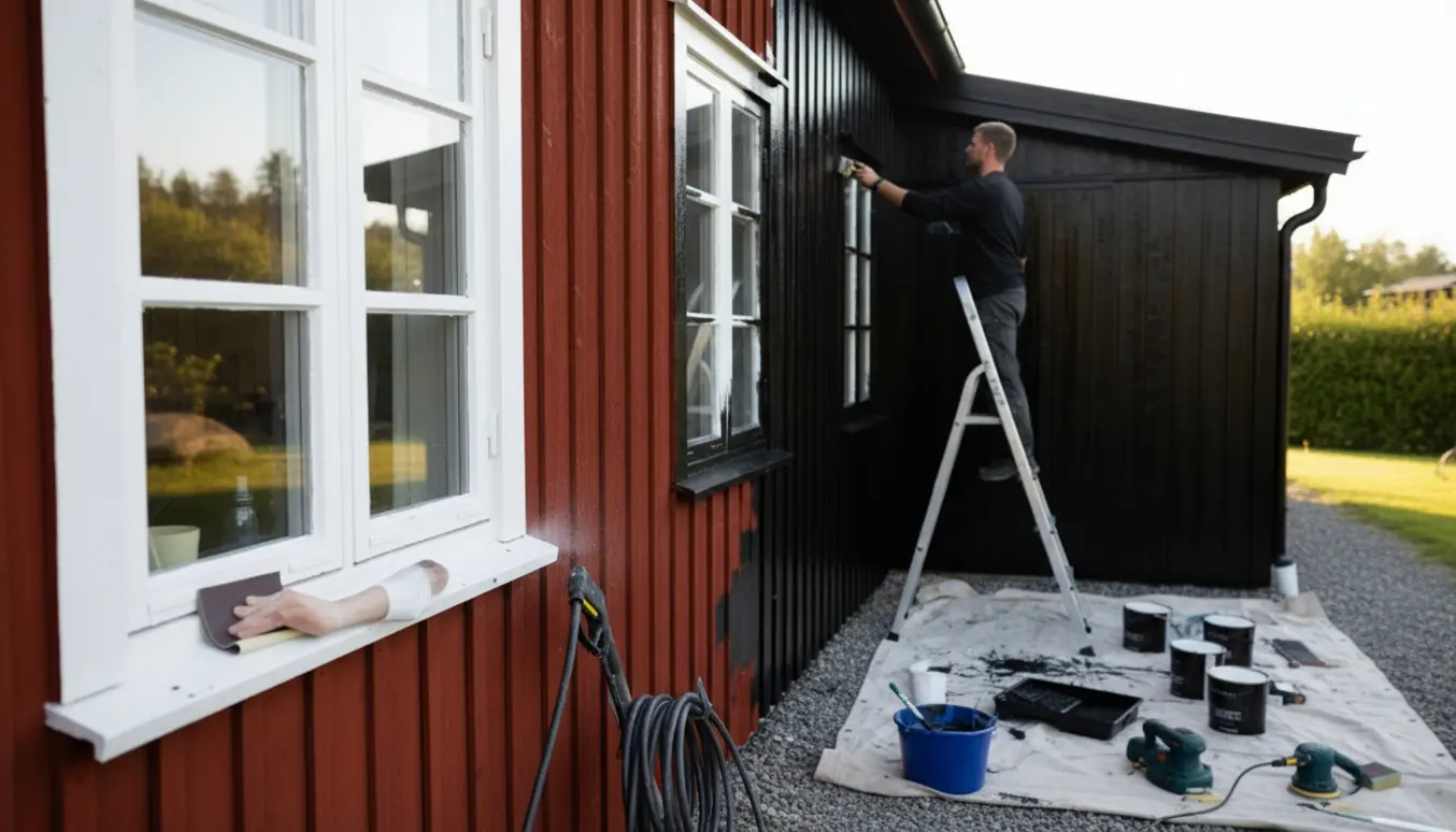 Sommerhus under udvendig maling med maler på stige, sort maling på rød facade og hvide sprossevinduer samt malerværktøj i forgrunden.
