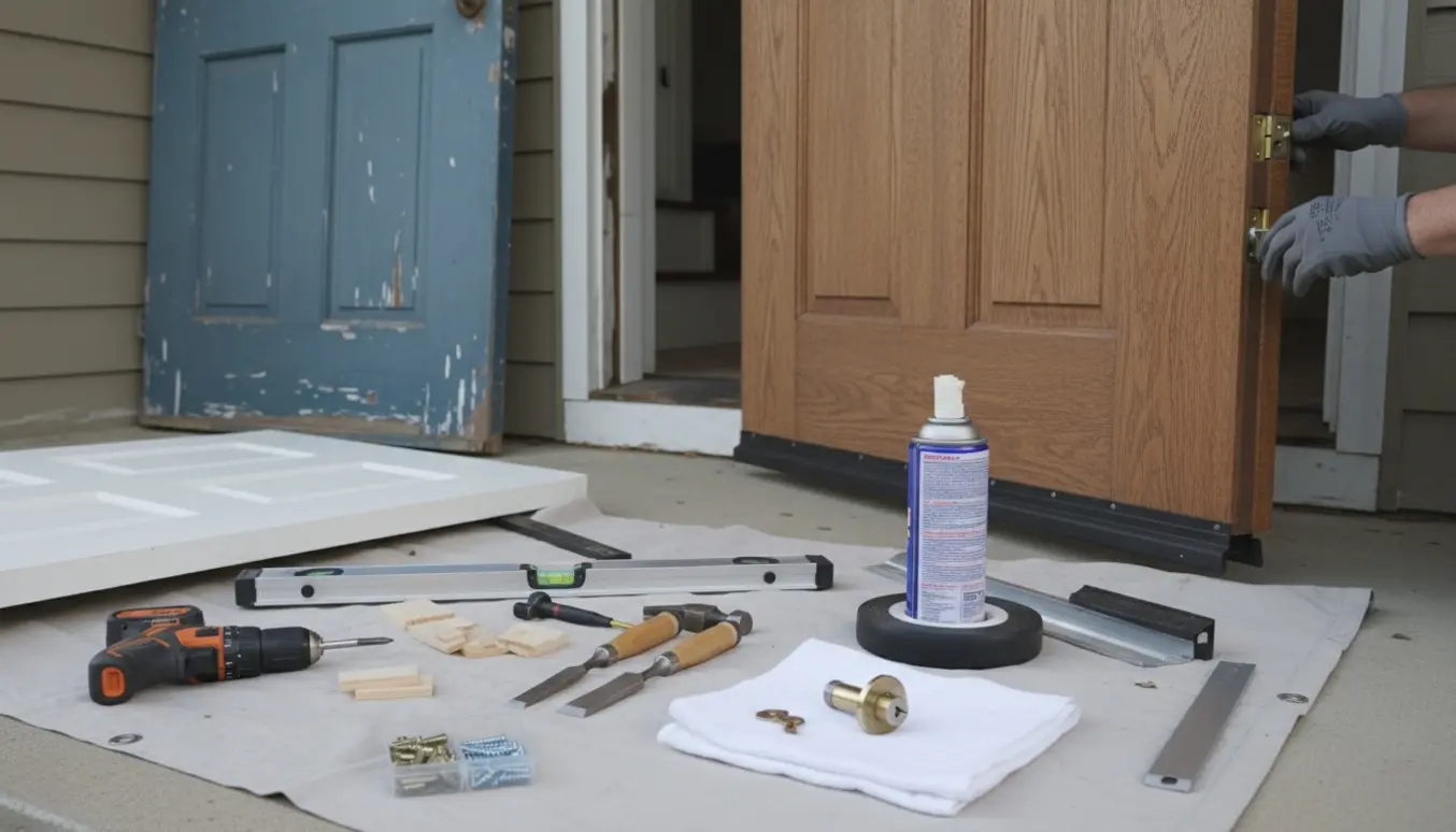 Håndværker skifter hoveddør og bagtrappedør med værktøj på plads og genbruger låsecylinderen.