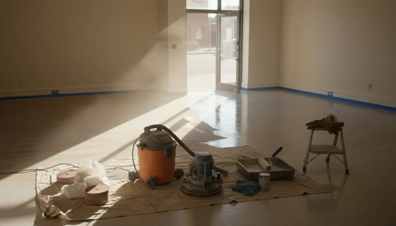 Tomt firkantet kontorlokale med linoleumsgulv under slibning og efterbehandling, åben dør mod gaden.