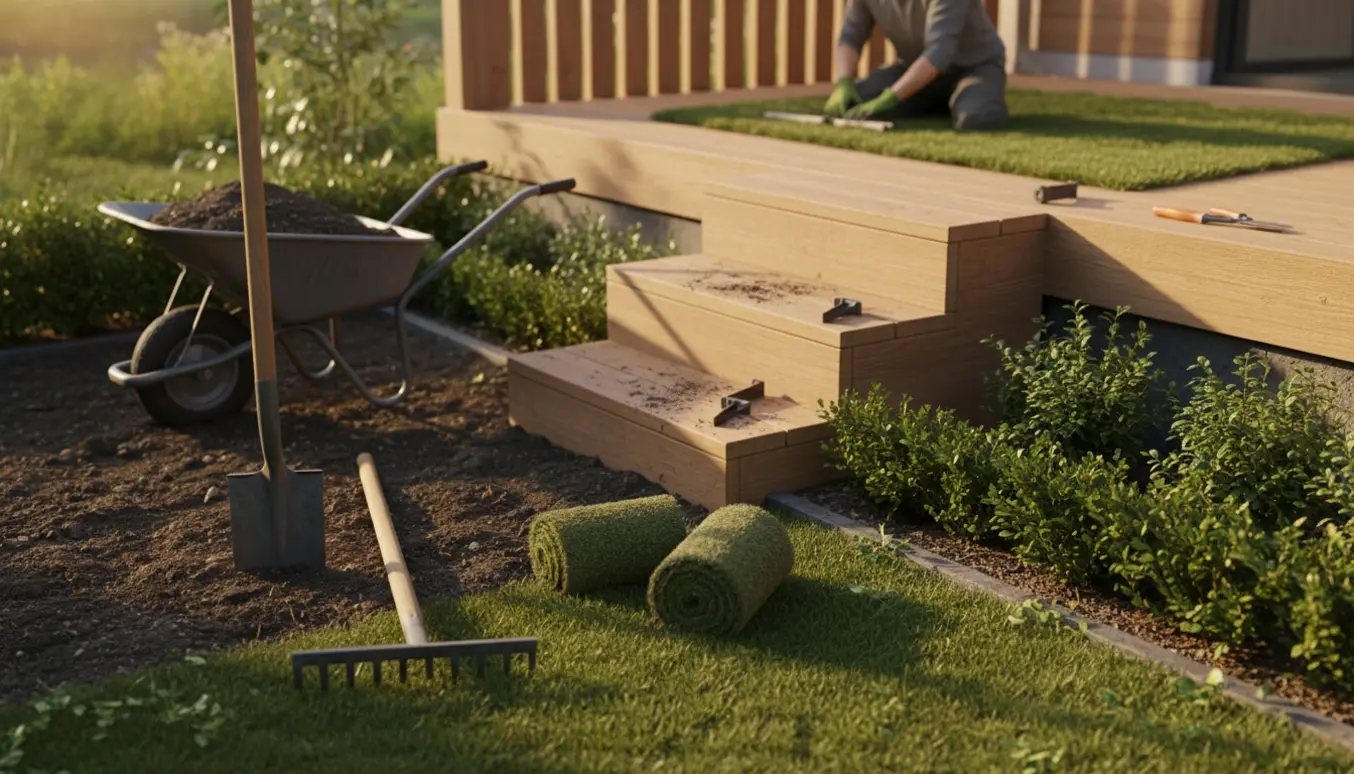 Lille have ved træterrasse under renovering med udjævnet bakke, trillebør, rullegræs og en lille trætrappe.