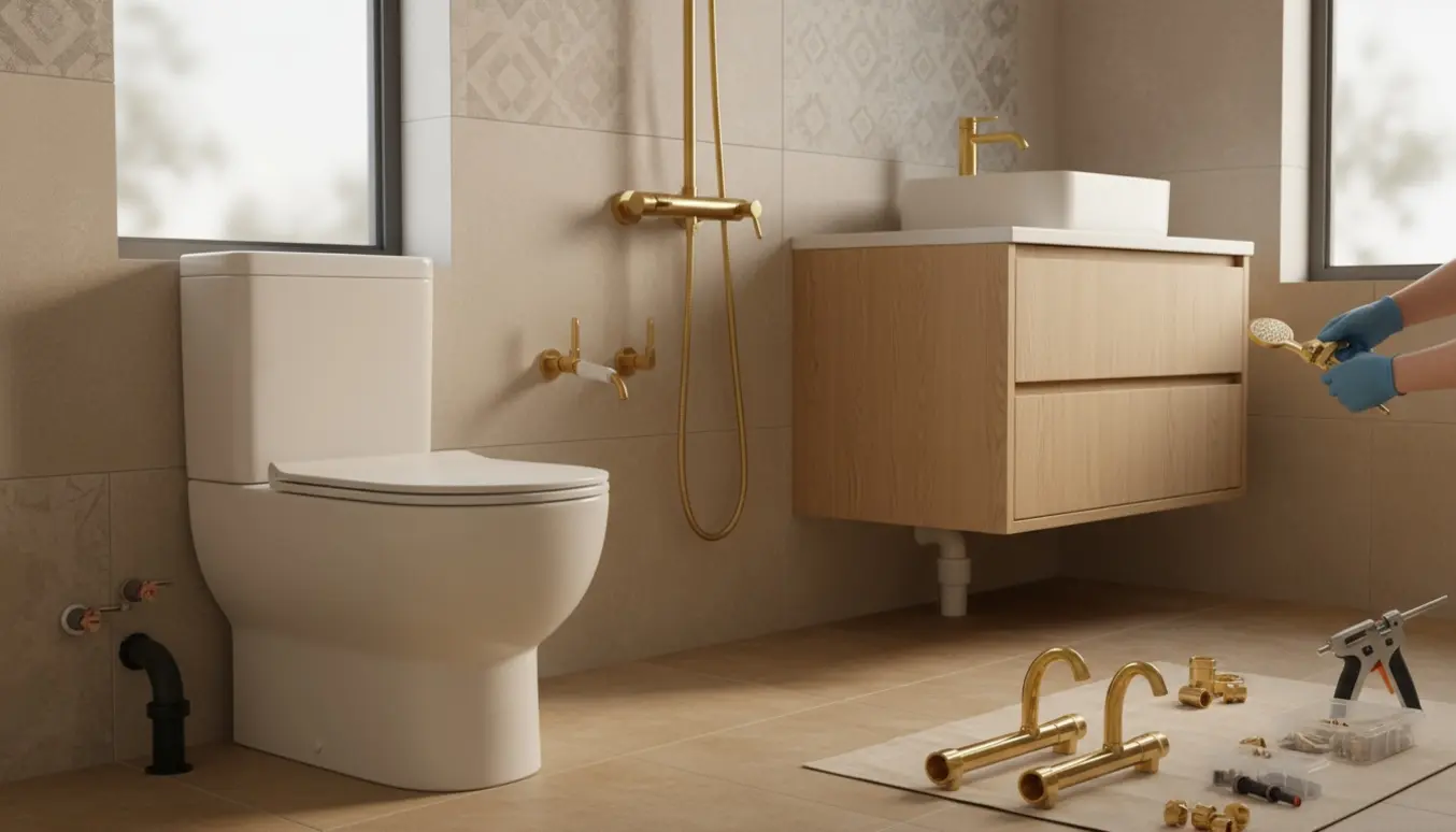 Tomt badeværelse med nyt toilet, fritstående skab, poleret messing brusestang og værktøj klar til montering.