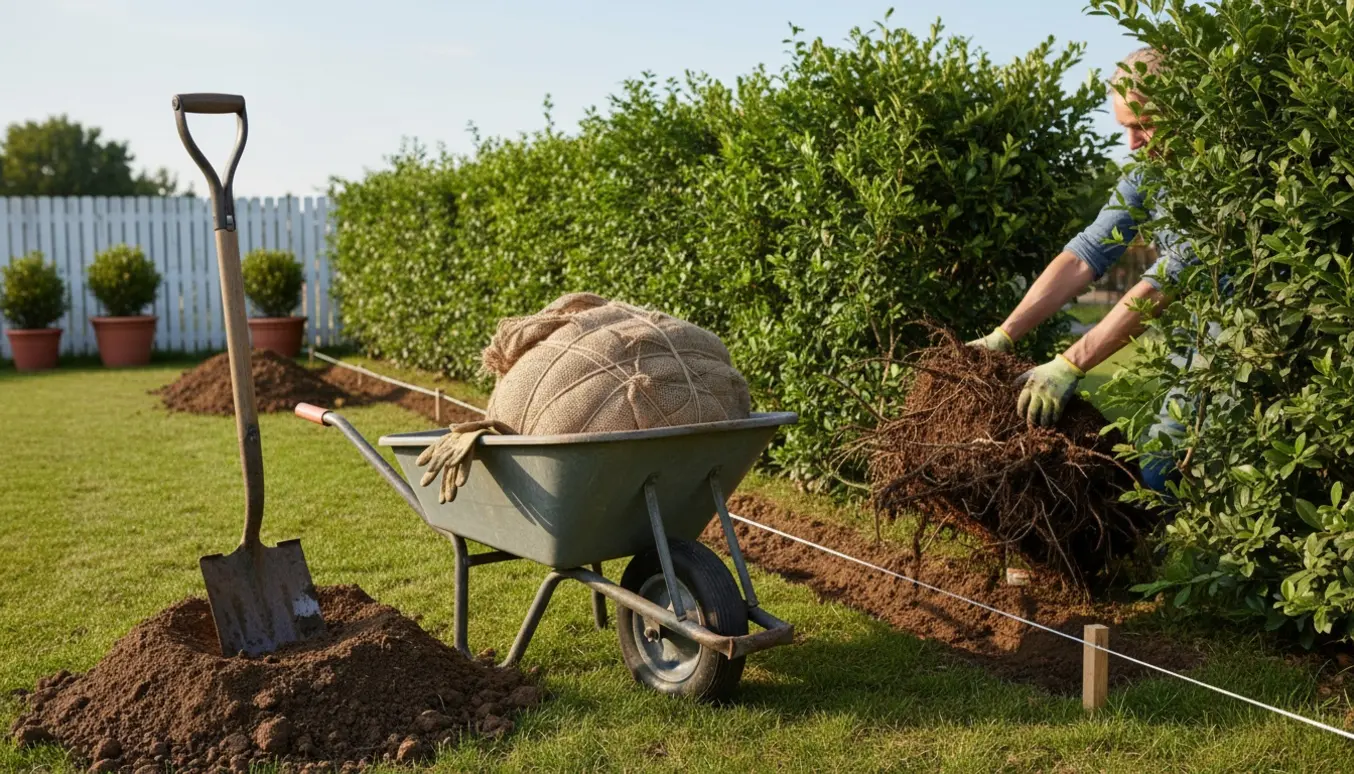 Glovede hænder flytter en hæk og planter den i en ny rende med spade og trillebør i forgrunden.