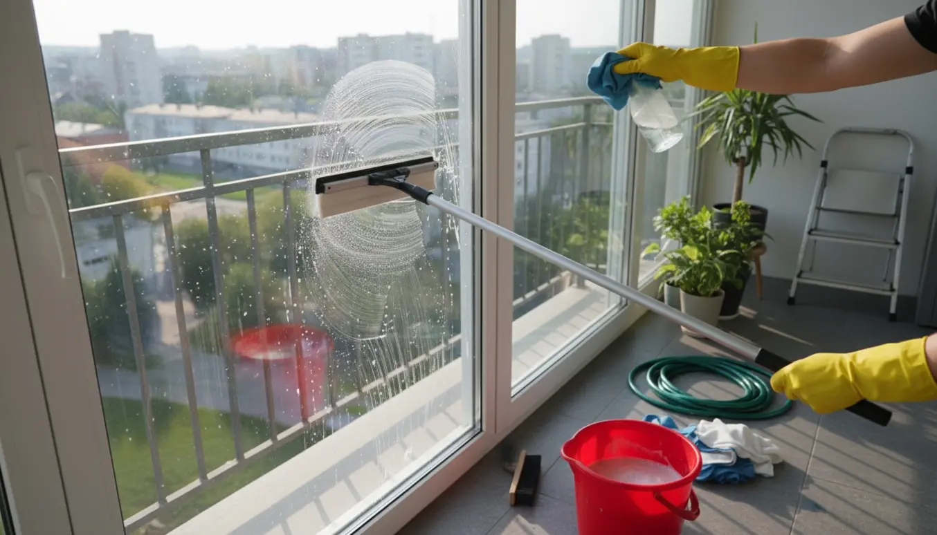 Handskebeklædte hænder pudser store skydedøre på en altan med spand og klude, halvt beskidt og halvt klart glas.