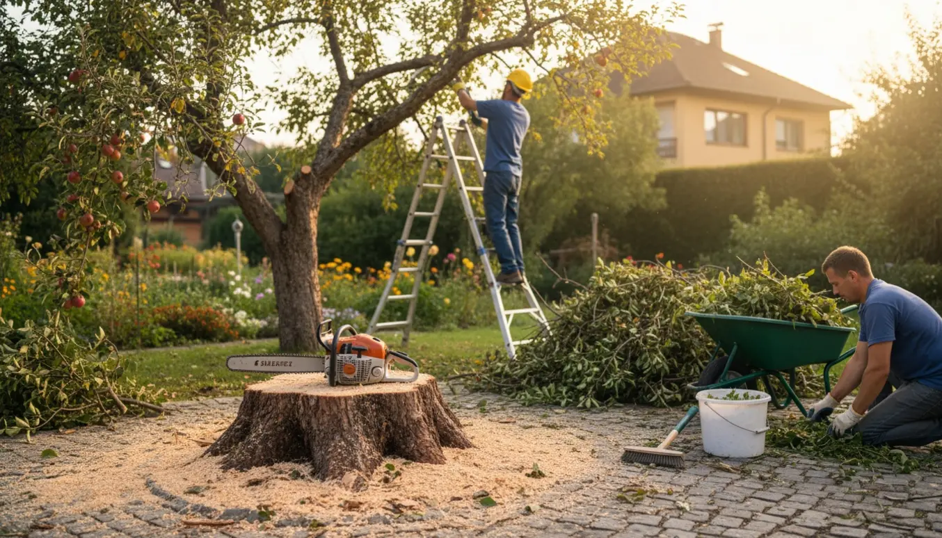 Et stort æbletræ fældes til stub med bunker af afskårne grene, mens ukrudt fjernes fra en lille indkørsel.
