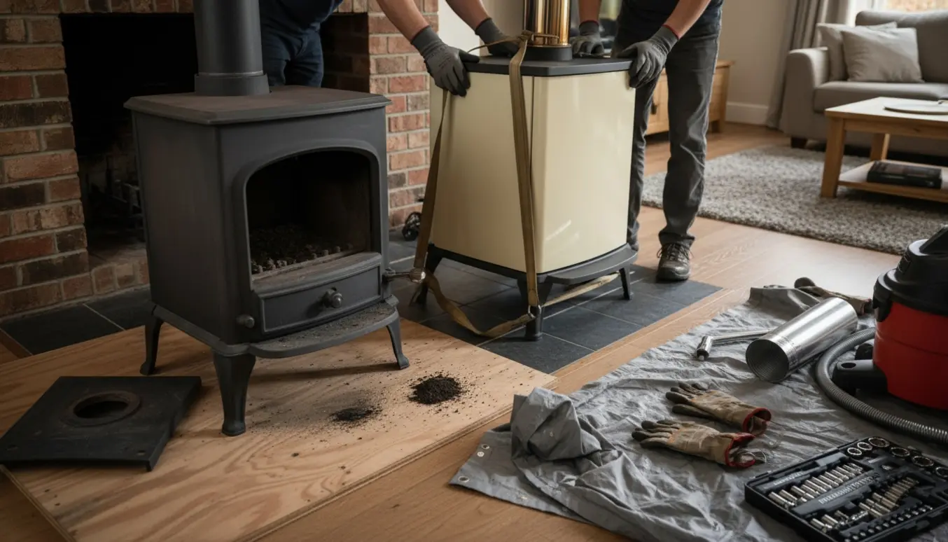 Gammel brændeovn afmonteres, mens en ny brændeovn løftes på plads i stuen.