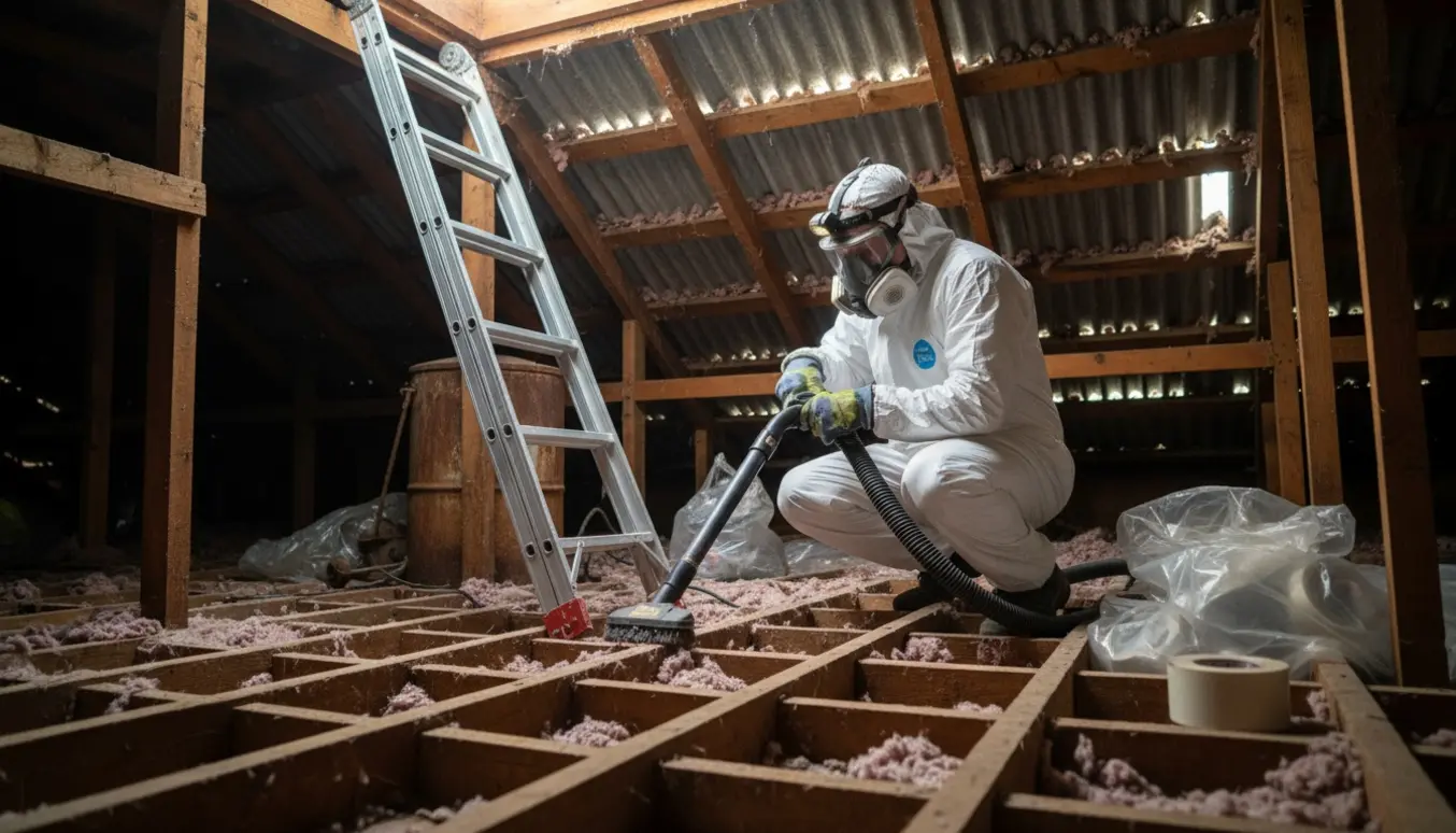Fagmand i beskyttelsesdragt støvsuger gammelt rockwool og snavs i et mørkt loftsrum gennem en loftlem.