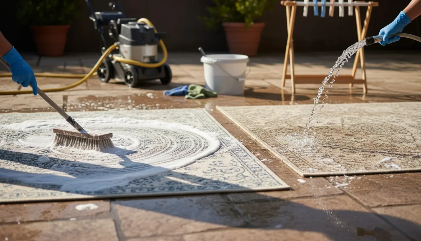 To løse tæpper renses udendørs på en stenbelagt terrasse med sæbeskum, en vandstråle og en blød børste.