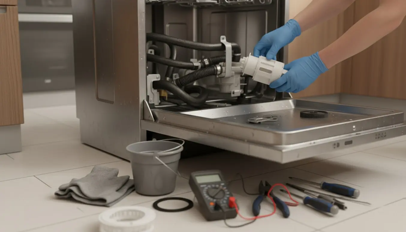 Hænder udskifter afløbspumpen i en åben opvaskemaskine med værktøj og balje ved siden af.