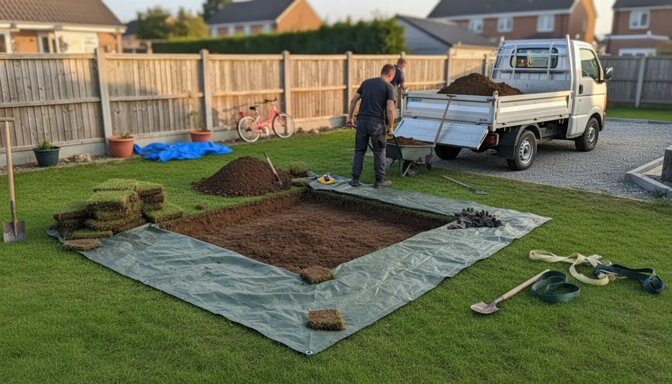 Jord fra en udgravning til en 4x4 m trampolin læsses op i en lille tipper i en privat have.